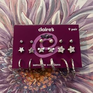 Set 9 pairs of silver tone earrings Claire’s Accessories New Sensitive Solutions